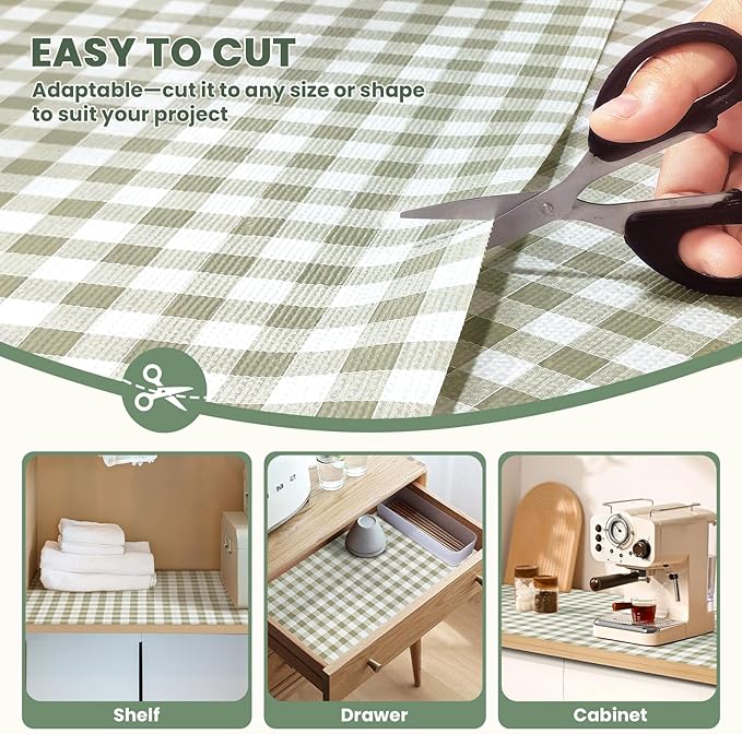 Drawer Liner and Shelf Liner for Kitchen Cabinet Liner Non-Adhesive Non-Slip Shelf Paper, Thick Strong Grip Waterproof Easy to Clean for Shelves, Cupboard, Desks, Green Plaid Pattern, 23.6 in x 20 FT
