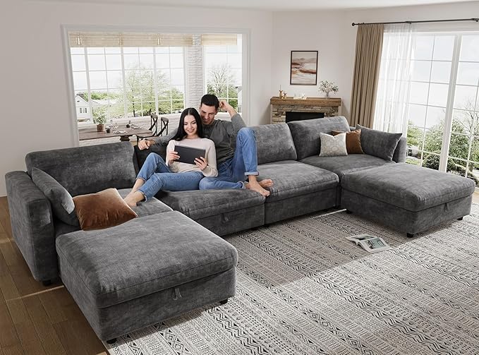 KKL Modular Sectional Couches for Living Room, U Shaped Sofa Couch with Adjustable Backrest, Chenille 6 Seater Sofa Couch with Convertible Ottoman and Comfy Cushion, Grey
