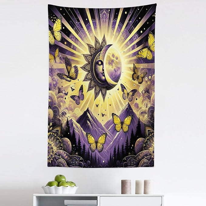 Ambesonne Boho Tapestry, Sun and Moon Art Concept Esoteric Mountain Scene with Dancing Butterfly, Fabric Wall Hanging Decor for Bedroom Living Room Dorm, 30" X 45", Violet Mustard Dark Grey