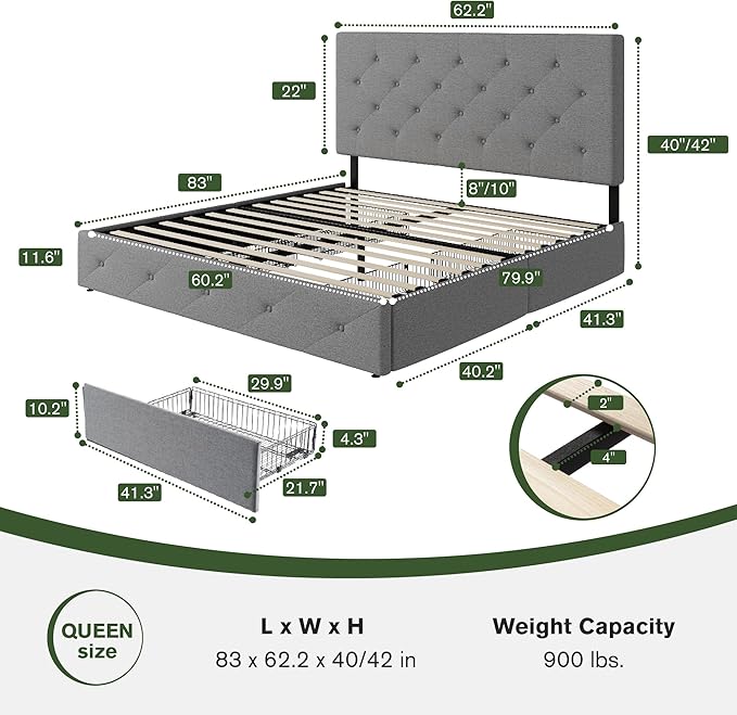 MUTICOR Queen Size Bed Frame with 4 Storage Drawers, Upholstered Platform Bed with Button Tufted Adjustable Headboard, No Box Spring Needed, Easy Assembly, Diamond Tufted, Light Grey Fabric