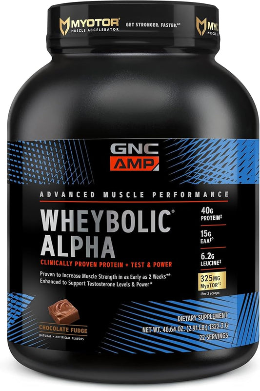 GNC AMP Wheybolic Alpha Clinically Proven Protein Powder, Increases Muscle Strength, Size & Power, Boost Testosterone Levels, 40g Protein, 6.2g Leucine, 15g EAAs, Creatine, Chocolate Fudge, 22 SVG