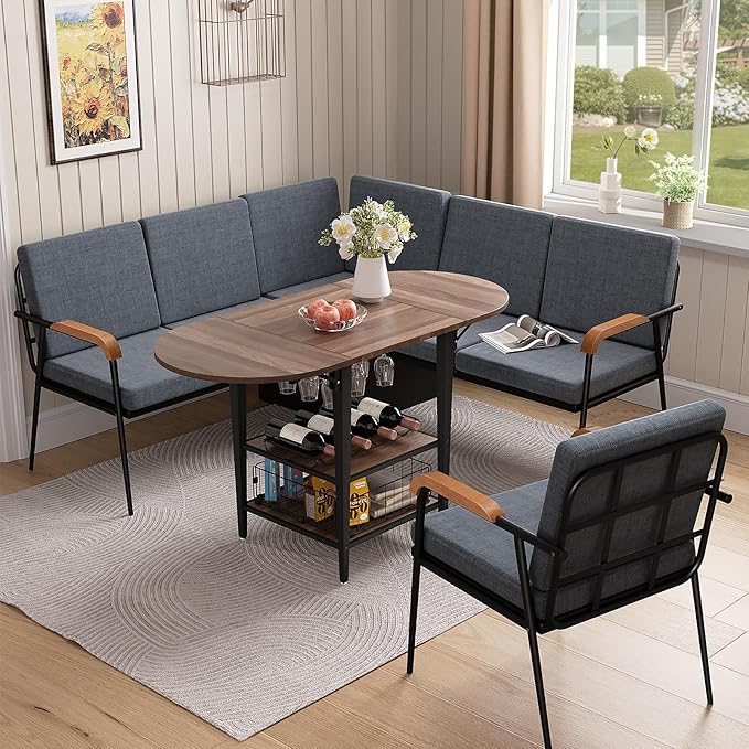 VFK Corner Dining Table Set with Storage Bench, 51” Folding Breakfast Nook Table and Stools, 3 Piece Kitchen Booth Dining Set for Small Space, Modern Dining Room Furniture