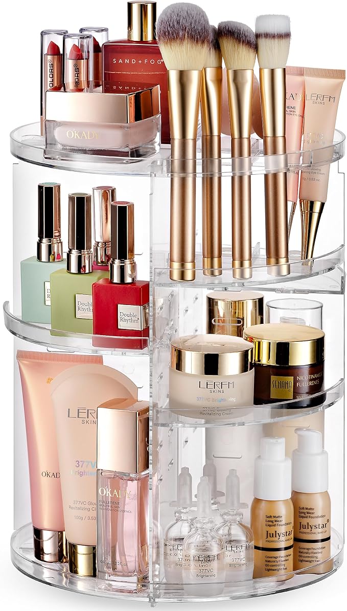 Masirs 360 Rotating Makeup Organizer - Adjustable Shelf Height and Fully Rotatable - The Perfect Round Spinning Cosmetic Organizer for Bedroom Dresser or Vanity Countertop Storage (Clear)