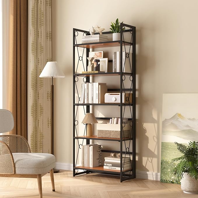 VECELO Folding Bookshelf, 5 Shelf Bookcase No Assembly, Industrial Metal Frame Book Shelves Organizer for Living Room, Office,Brown, 1 Set