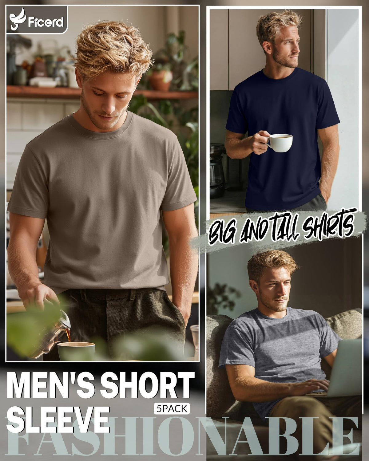 Ficerd 5 Pack Mens Big and Tall T Shirts