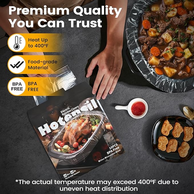 Hotensil Electric Roaster Liners & Slow Cooker Liners, 10 Count 34 x 18 Inch Universal Fit for 16-22 Quart Roasters, Mess-Free Cooking, Disposable Oven Liners for Easy Cleanup, Cooking Bag