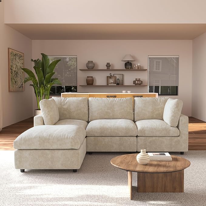 JACH L Shape Sectional Couches for Living Room, Deep Seat Convertible Modular Sofa, Cloud Sectional Couch, Sofa Covers Washable, Minimalist Modern Couch for Living Room, Apartment, Khaki