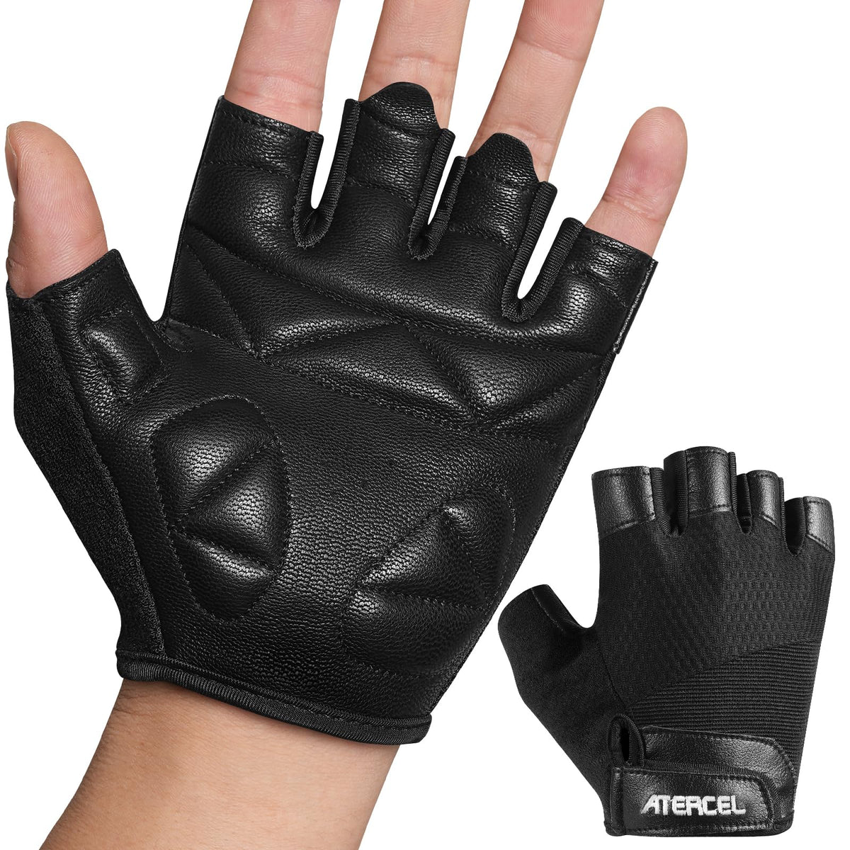 ATERCEL Premium Leather Workout Gloves for Men and Women, Suitable for Weightlifting, Gym, Cycling (Black, Large)