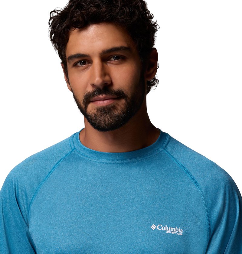 Columbia Men's PFG Terminal Tackle Long Sleeve Fishing Shirt, Blue Echo Heather/White Logo, Large Tall
