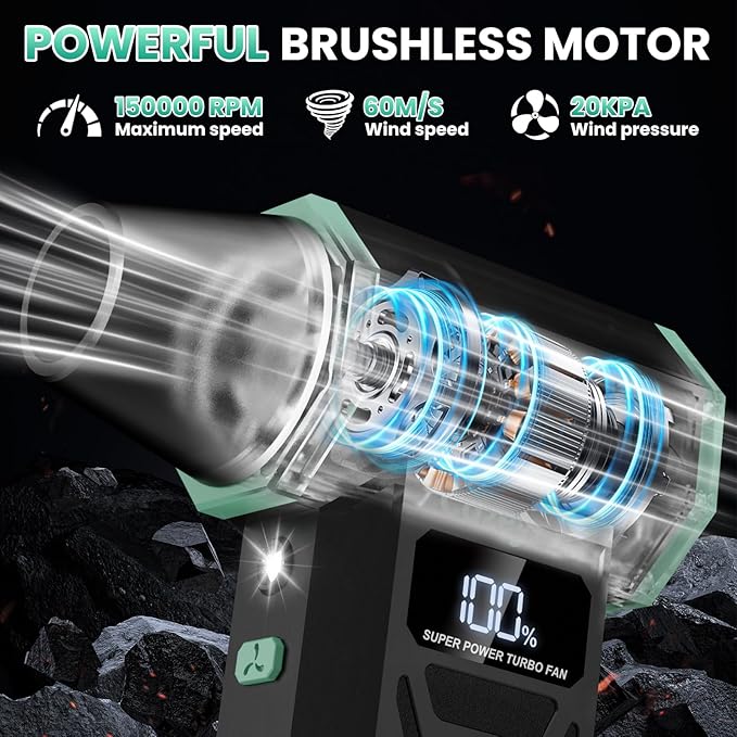 Compressed Air Duster - 150000 RPM Electric Air Duster with Brushless Motor, LCD Display, LED Light, 4 Speed Adjustable Cordless Blower - Rechargeable Air Duster for Equipment, Car, Outdoors and Home