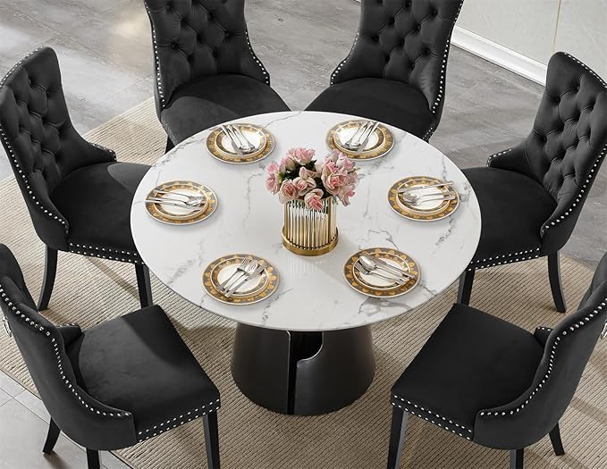 7-Piece Faux Marble Round Dining Table Set for 6, Modern Luxury Kitchen Table Set for 6 with Black Tufted Chairs,Circle Dining Tables with White Marble Grain Top and Black Pedestal Base
