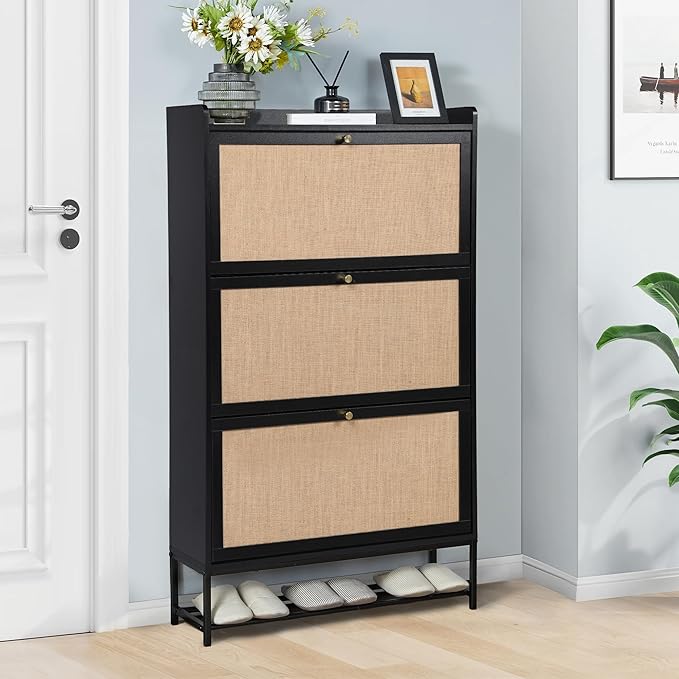 LEVNARY Shoe Storage Cabinet with 3 Flip Drawers, Freestanding Shoe Cabinet Storage Organizer for Entryway, Wooden Narrow Shoe Racks Cabinet with Metal Legs for Hallway (Black)