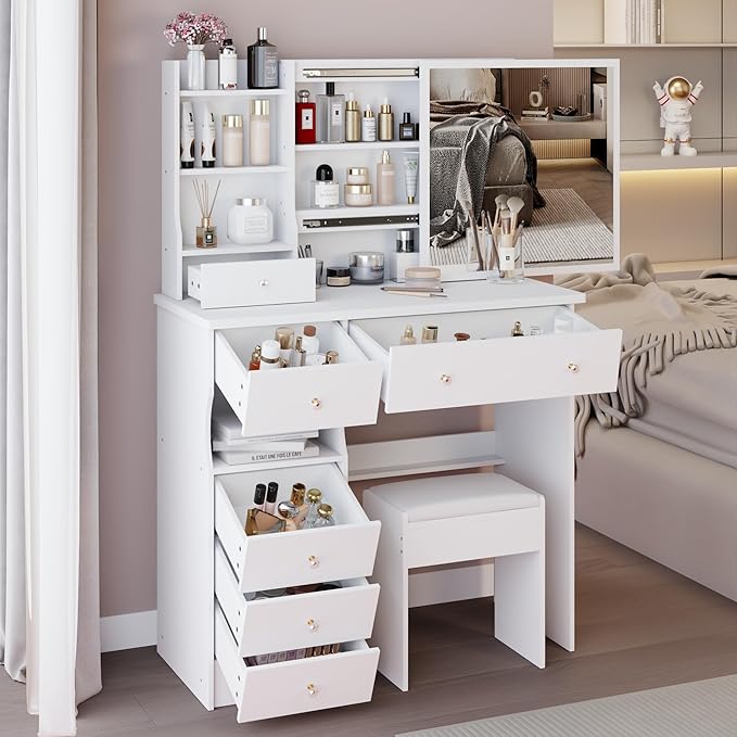 37" Vanity Desk with Mirror, Makeup Table with Sliding Mirror, Dressing Table with Multi Layer High Capacity Storage, Vanity Set with 6 Drawers and Stool for Bedroom, White