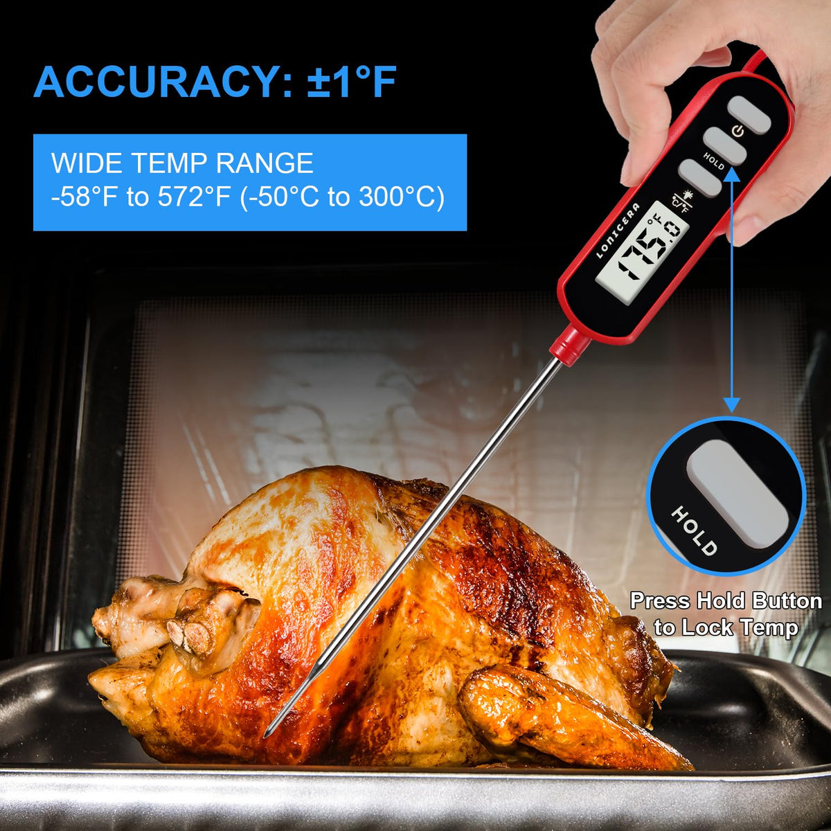 LONICERA Digital Cooking Thermometer for Bread, 5-Inch Probe, Red