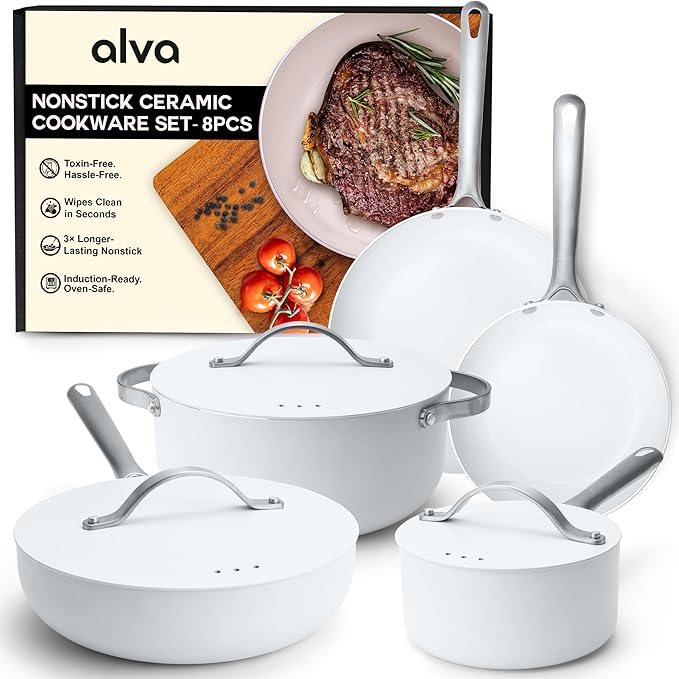 Alva Mobi 8-Pc Ceramic Coated Cookware Set, Recycled Aluminum Cannoli Cream