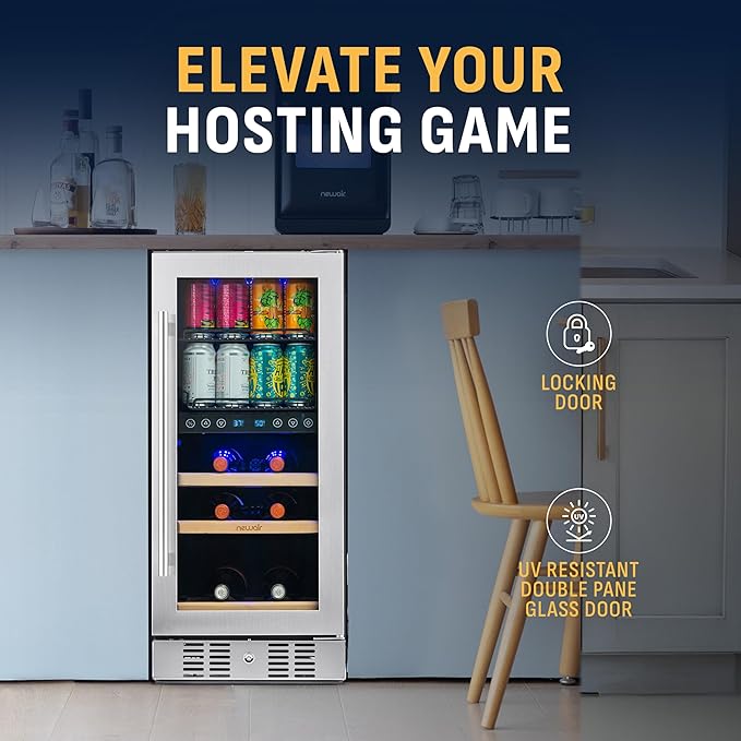 NewAir 15" Dual Zone Beverage Refrigerator & Wine Cooler for 9 Bottles & 48 Cans | Freestanding or Built-In Under Counter Mini Fridge for Beer, Wine and Soda | Stainless Steel