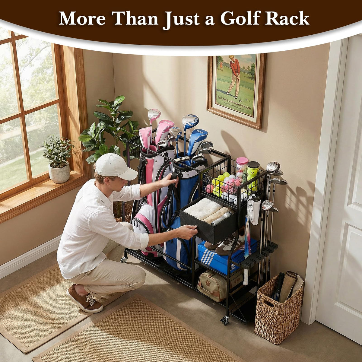 Faesun Golf Bag Organizer for Garage, Golf Bag Storage Rack with 6 Club Slots, Golf Club Organizer with Fabric Drawer & Wheels, Golf Storage Organizer Holds 2 Bags, Golf Rack Storage System