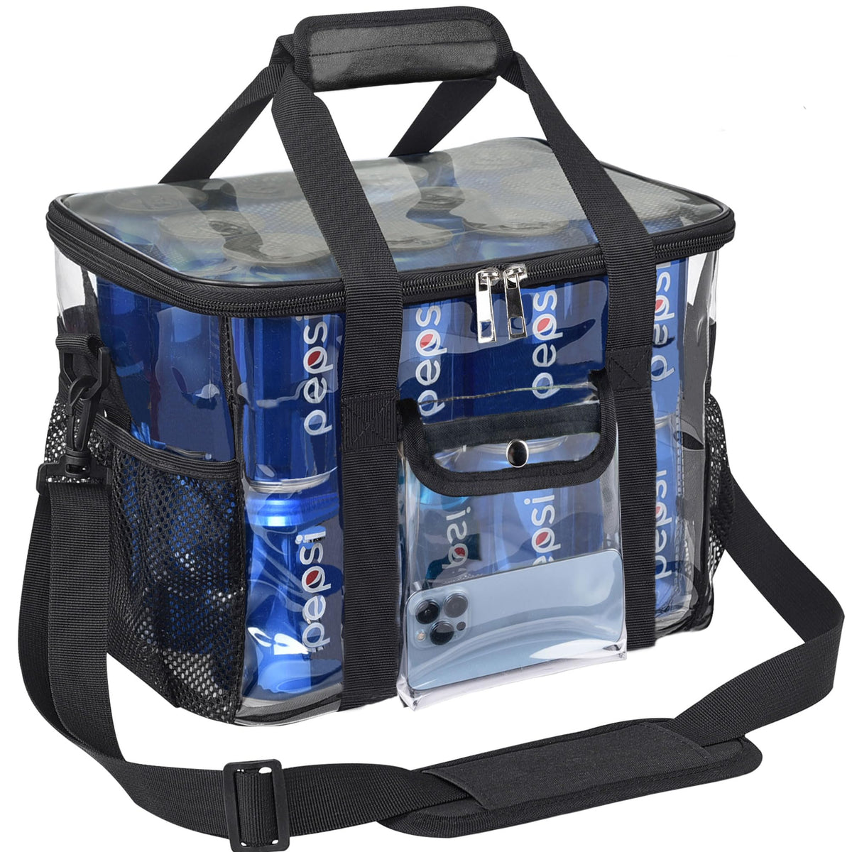 DST Gainbow Clear Lunch Bags For Work, 24-Can Large Transparent Lunch Bag Stadium Approved, Clear Tote Bag with Adjustable Strap and Front Pocket for Men Women(12"x 9" x 9" Black)