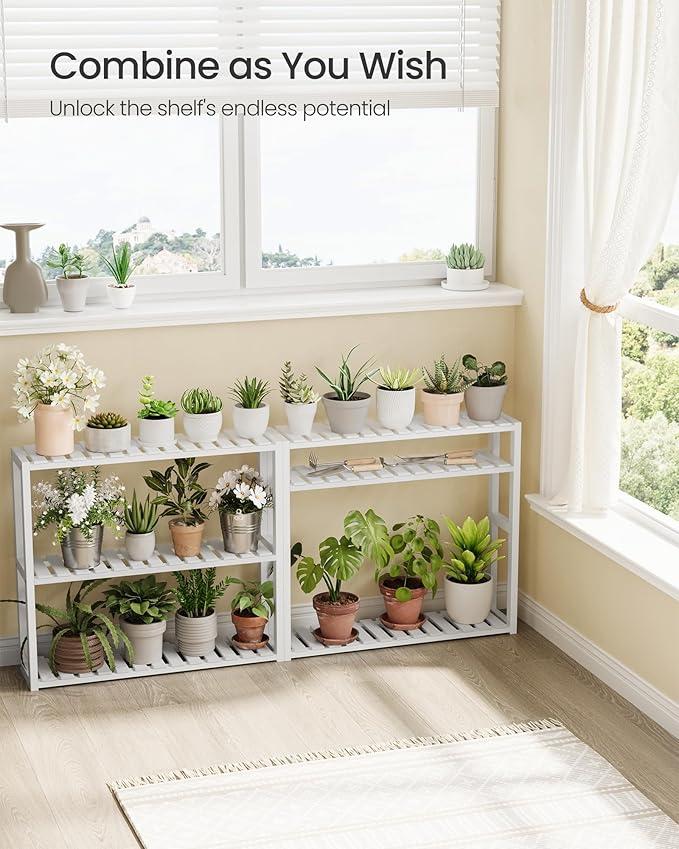 SONGMICS Bamboo Bathroom Shelf, 3-Tier Adjustable Plants Rack, Wall-Mounted or Stand, in The Living Room, Balcony, Kitchen, 5.9 x 23.6 x 21.3 Inches, Cloud White UBCB13W
