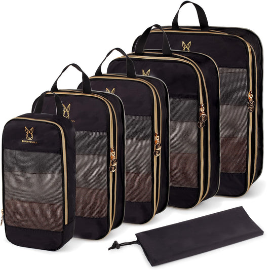 Expandable Compression Packing Cubes for Suitcases,6 Set Lightweight Compressible Travel Packing Organizer for Carry on Suitcase,Organizer Bags Set as Travel Essentials for Women Black