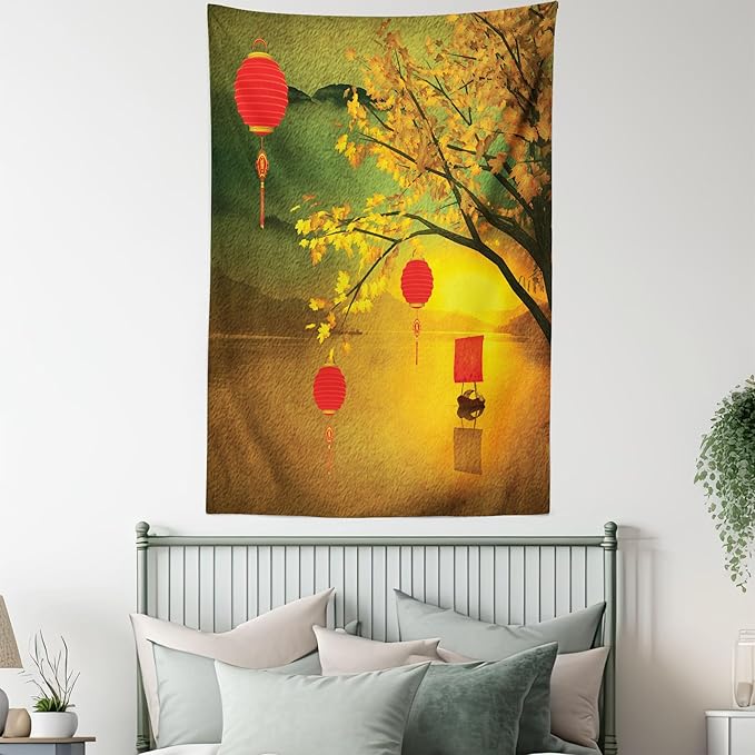 Ambesonne Oriental Tapestry, Traditional Chinese Folk Hanging from Pale Fall Trees Lake Faded Nature Photo, Fabric Wall Hanging Decor for Bedroom Living Room Dorm, 30" X 45", Yellow Green