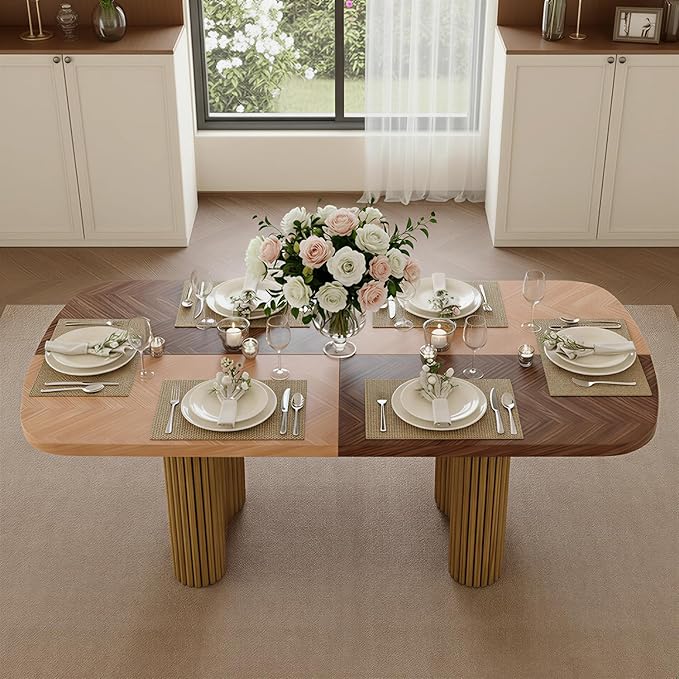 79" Large Dining Table Set for 8, Rectangular Wood Dining Room Table with 8 Suede Upholstered Chairs, 1.7" Thick Two-Color Wood Top & Sculpted Wave Legs, Modern Farmhouse Kitchen Table and Chairs Set