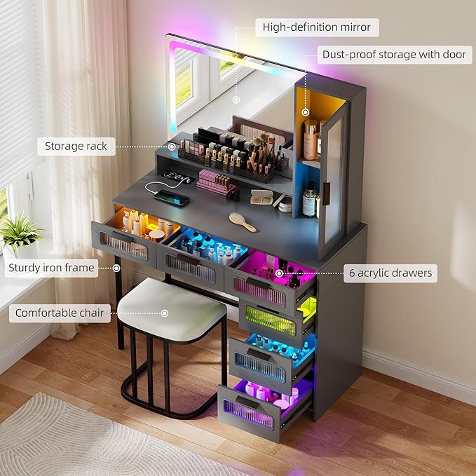 LED Makeup Vanity Desk with 20" Mirror and Light, Smart Dressing Table with 6 Drawers, 3 Shelves, 24 Color Lighting Modes, Cushioned Stool, USB Type-C Storage for Bedroom Dressing Room Gray