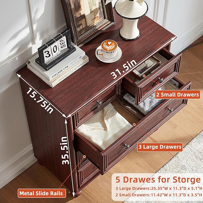 Farmhouse 5 Drawer Dresser Set of 2, Chest of Drawers for Bedroom, 35.5" Tall Dresser with Roman Column, Rustic Wood Storage Dressers Organizer for Living Room, Hallway, Closet(Red Oak)
