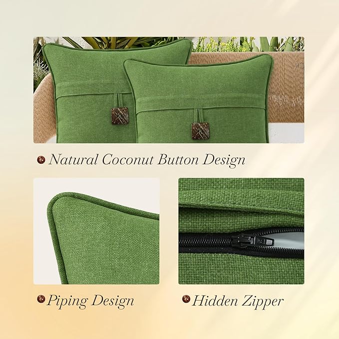 Outdoor Decorative Pillows with Coconut Button Pack of 4, 18" x 18" Outdoor Pillow Set for Couch Bed Throw Patio Sofa, Grass Green