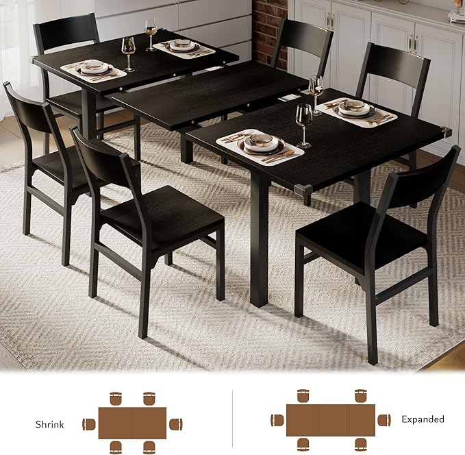 iPormis 7-Piece Dining Table & Chairs Set for 4-6, 63" Extendable Kitchen Table with 6 Chairs, Dining Room Table with Metal Frame & MDF Board, Perfect for Small Space, Easy Assembly, Black