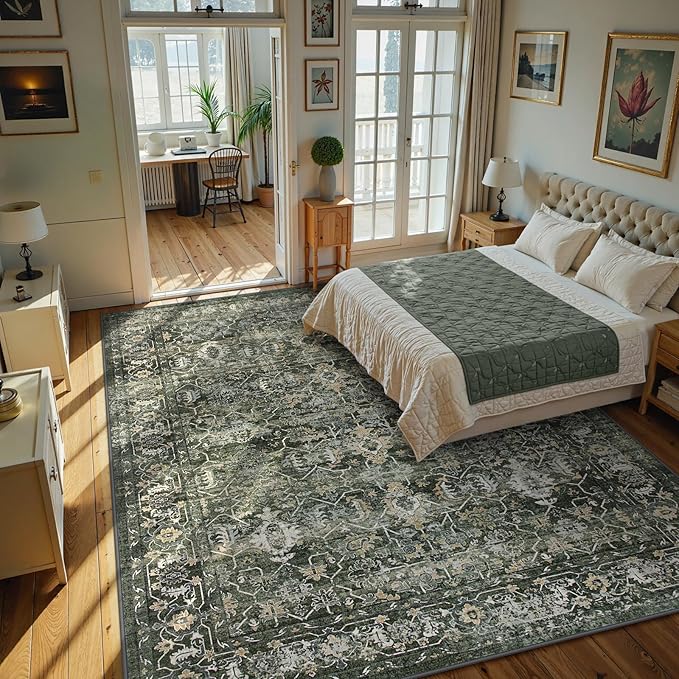 Lahome Boho Green Area Rugs 9x12 Living Room,Washable Large Rugs for Bedroom Aesthetic,Vintage Distressed Non Slip Low Pile Dining Room Rug Carpet for Home Office Playroom(9'x12',Green)