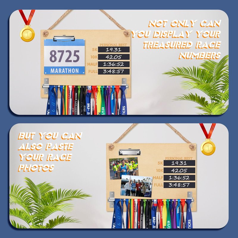 Threehoney Wooden Medal Hanger Display Running Medal Holder Wall Hanger Race Bib Boards Holder with Records Blackboard Chalk Holds 20 Medals Gift for Marathon Runners