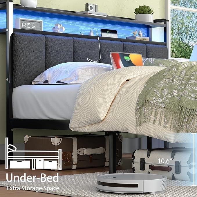 Queen Bed Frame with LED Lights and Charging Station, Metal Platform Bed Frame Queen Size with Upholstered Storage Headboard, Heavy Duty Metal Slats, No Box Spring Needed, Easy Assembly, Dark Grey