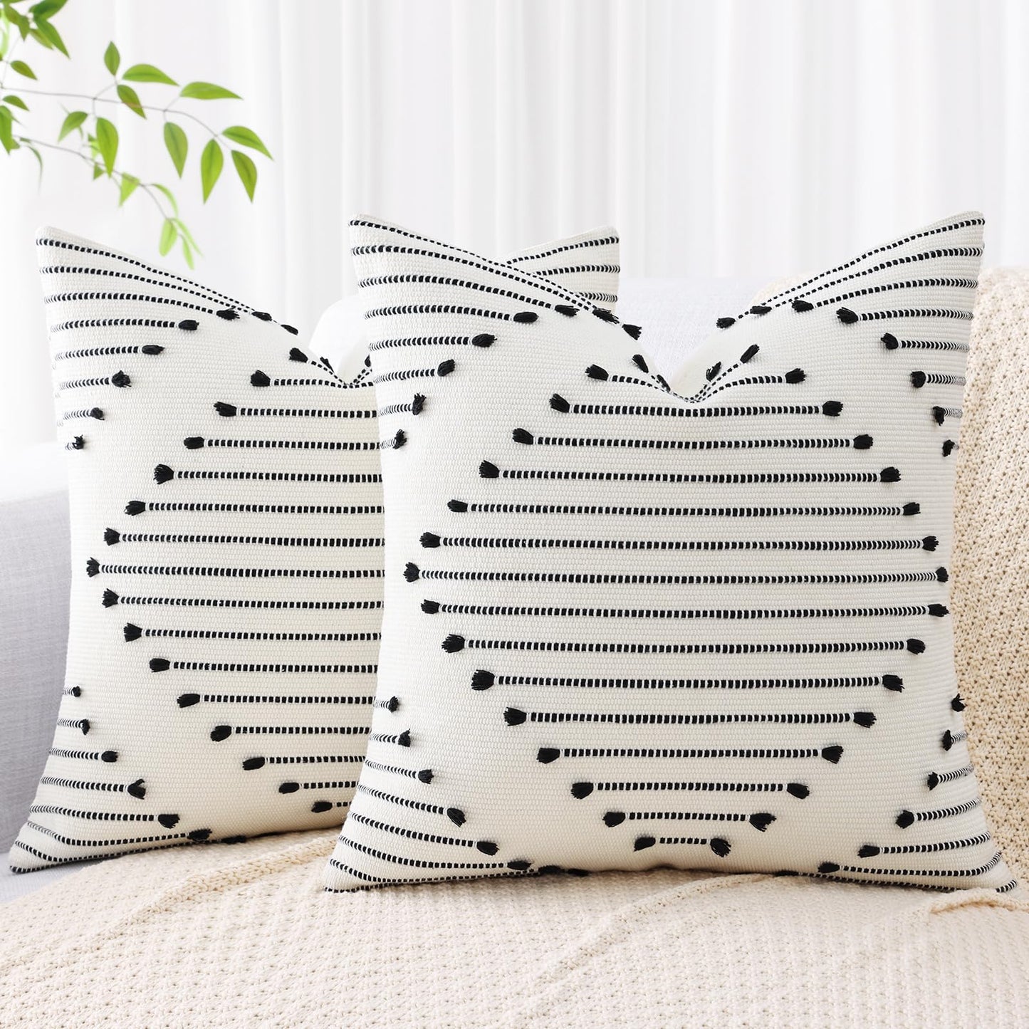 Mecatny Boho Outdoor Throw Pillow Covers 18X18 Set of 2, Farmhouse Decorative Summer Pillow Covers for Couch Sofa Living Room, Black & Cream White