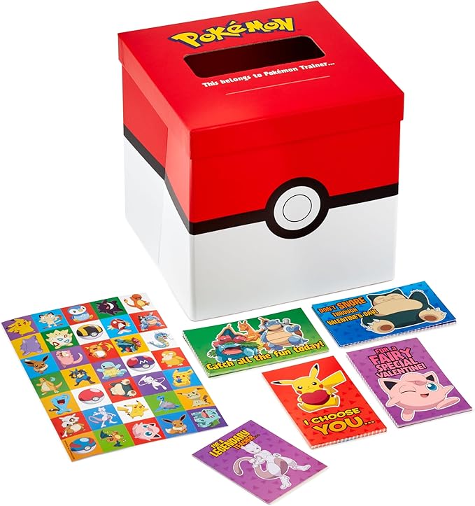 Hallmark Pokémon Valentines Day Cards and Mailbox for Kids School Classroom Exchange (1 Box, 32 Valentine Cards, 35 Stickers, 1 Teacher Card)