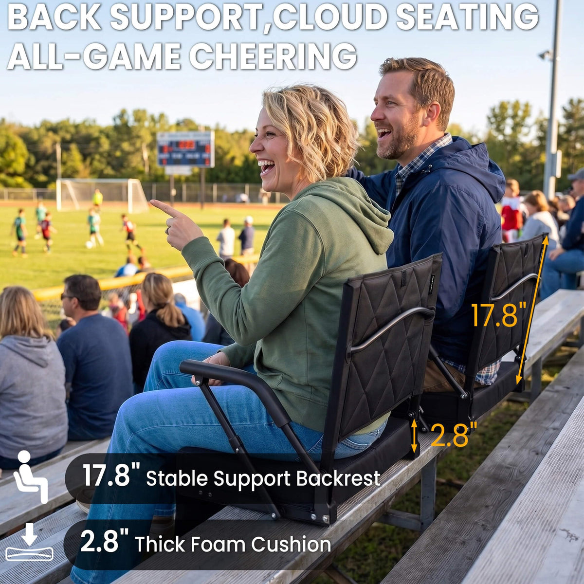 Sheenive Stadium Seats for Bleachers with Back Support (1 Pack) - 2.8'' Thick Wide Cushion & Padded Armrests, Cup Holder, Pockets, Carry Strap for Sports Events