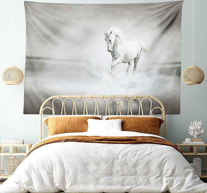 Ambesonne Horses Tapestry King Size, Wild Horse Running Through Water Dramatic for the Motivation of Life Art, Wall Hanging Bedspread Bed Cover Wall Decor, 104" X 88", Black and White