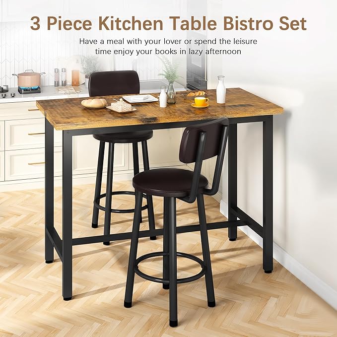 Recaceik 3 Piece Pub Dining Set, Modern bar Table and Stools for 2 Kitchen Counter Height Wood Top Bistro Easy Assemble for Breakfast Nook Living Room Small Space Restaurant, Rustic Brown 39”