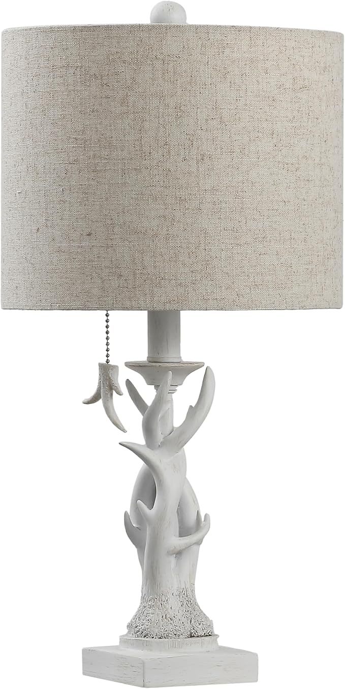 JONATHAN Y 20.5" Antique White Rustic Antler Table Lamp for Bedroom Farmhouse Decor, Mini Faux Antler Desk Lamp with Gray Linen Shade, Lodge Cabin Nightstand Lamp, LED Bulb (JYL1031C)
