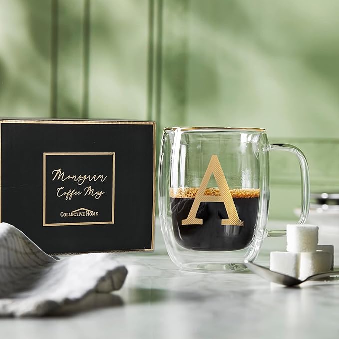 COLLECTIVE HOME - Double Walled Glass Coffee Mugs, Insulated Coffee Mug with Handle, Personalized Gifts for Women, Men, Christmas, 14 oz Monogram Cups (A-1)