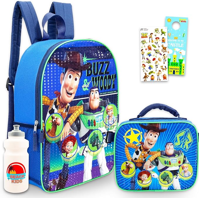 Disney Toy Story Backpack with Lunch Box Set - Bundle with 16" Woody and Buzz Lightyear Backpack, Lunch Bag, Water Bottle, Stickers, More | Toy Story 5 School Bag Set for Kids, Boys, Teens