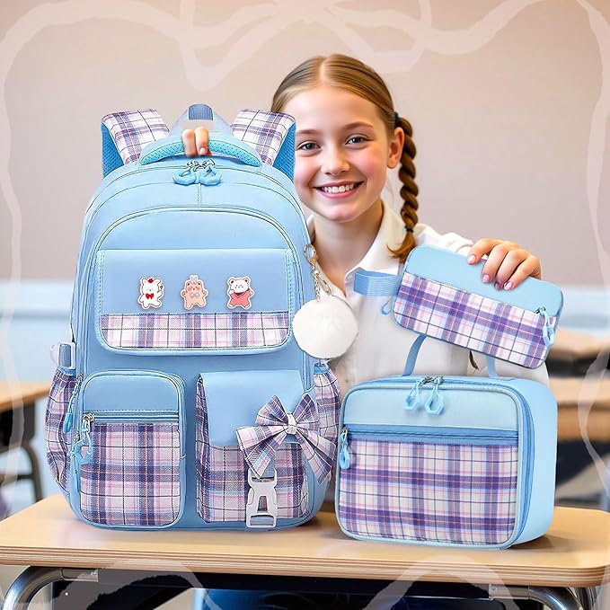 3PCS Girls Backpack Set for School - Cute Kids Bookbag with Lunch Box & Pencil Case, Stylish Backpack Combo for Girls Preschool Elementary Middle High School Students Teens Blue
