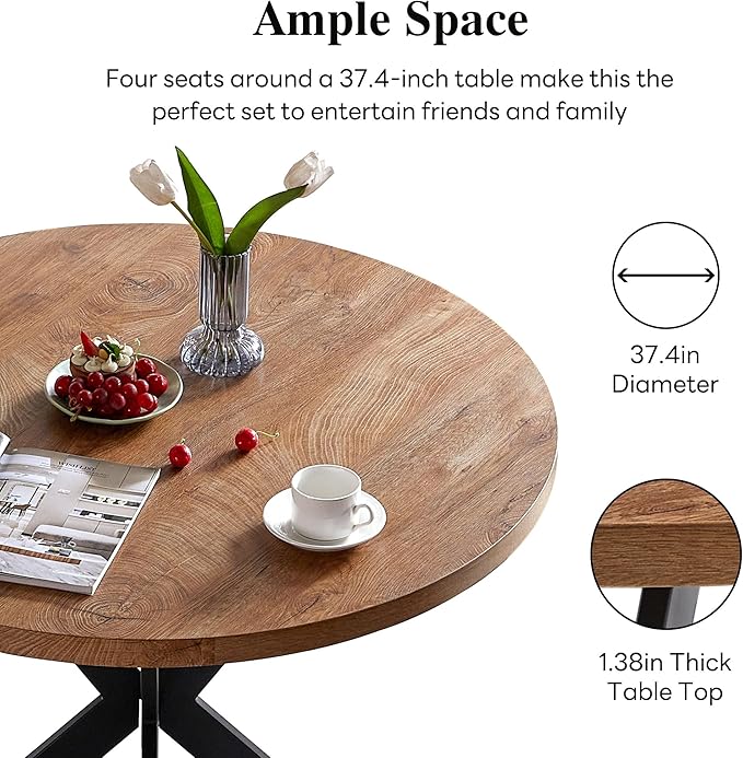 NORDICANA 5-Piece Dining Table Set for 4 - Space Saving 37-Inch Round Table and Chairs, 4 Seaters Dining Set with Upholstered Dining Chairs (Beige)