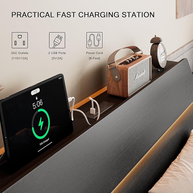 Floating Bed Frame Queen Size with Led Headboard and Charging Station, Metal Platform Bed Base with Storage, Remote Control, Heavy Slats Support, No Box Spring Needed, Noise Free, Black