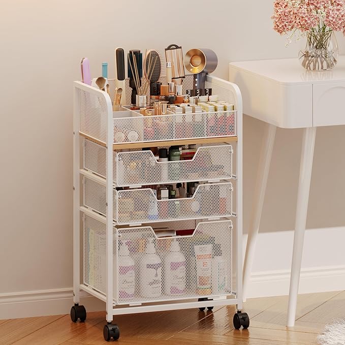 Makeup Cart Organizer with 3 Drawers,Floor Skincare Organizers with Dividers, Vanity Organizer Cosmetics Display Cases Holder for Skin Care Nail Polish Perfume Makeup brush Hair Tool,White