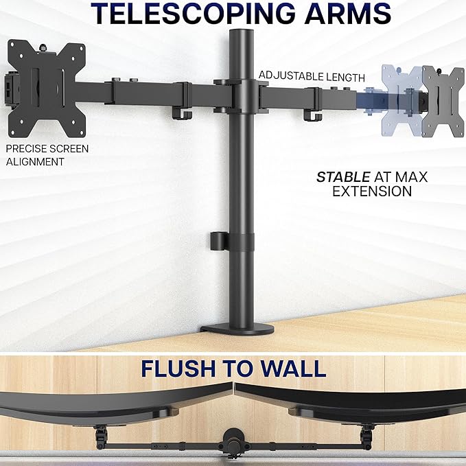 VIVO Dual LCD LED 21 to 32 inch Monitor Desk Mount, Heavy Duty, Adjustable Telescoping Arms, Flush Wall Setup, Fits 2 Screens, Black, STAND-V002E