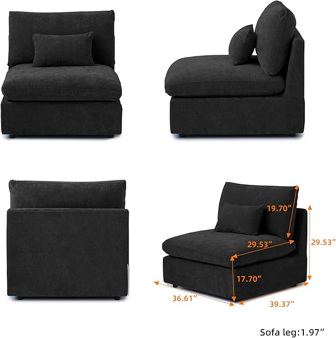 WJShome Modern Middle Module Couch for Living Room, Cushion Covers Removable, Minimalist Comfy Breathable Sofa,Black