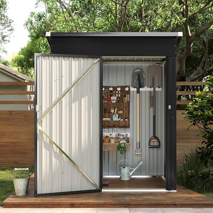 Aoxun 5x3FT Outdoor Shed Metal Storage Shed with Single Slooping Roof Lockable Door Steel Utility Tool Shed Outdoor Storage Garden Shed for Backyard Garden Patio Lawn, Black