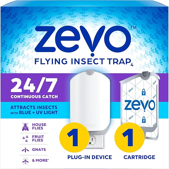 Zevo Flying Insect Trap & Cartridge - Plug in Fly Trap & Indoor Bug Catcher for Gnats, House & Fruit Flies - Mess-Free - Use in Any Room - Uses Blue & UV Light (1 Plug in Device & 1 Cartridge)