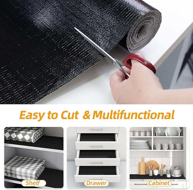 Shelf and Drawer Liner for Kitchen Cabinets Non-Adhesive, Strong Grip Non-Slip Thickened Cabinet Liners for Shelves, Waterproof Mats for Dresser Cupboard, Black, 23 in x 10 Feet